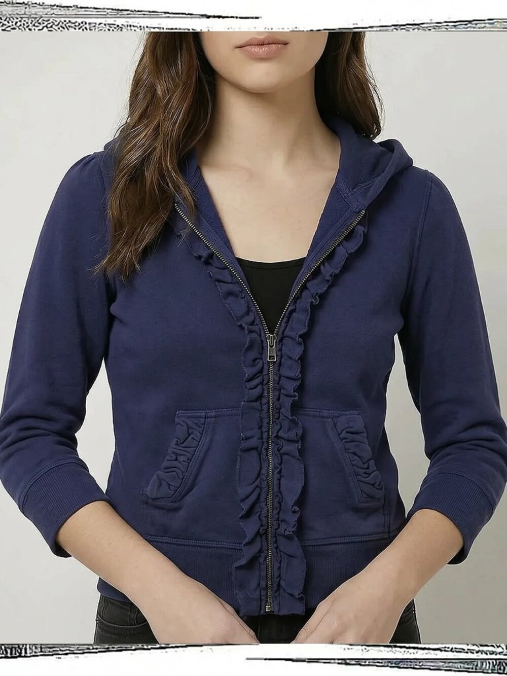 Vintage 2011 Navy Frilly Hoodie Sweatshirt w 3/4 Sleeves (S) by Saturday Sunday